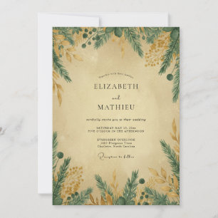 Teal Gold Pine Eucalyptus Wedding Invitation