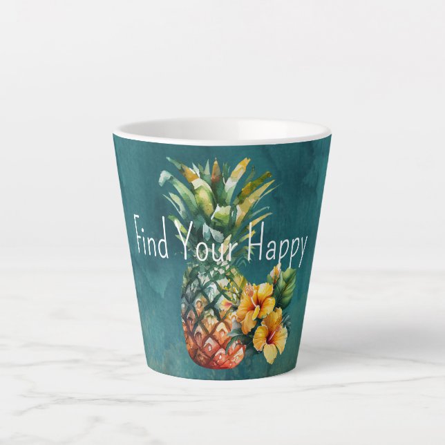 Teal Gold Pineapple Hibiscus Tropical Flowers  Latte Mug (Front)