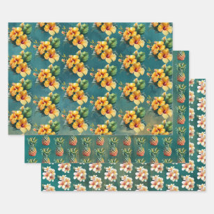 Teal Gold Pineapple Hibiscus Tropical Flowers   Wrapping Paper Sheet