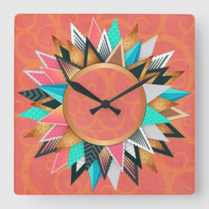 Teal Gold Pink Aztec Southwestern Decor Square Wall Clock