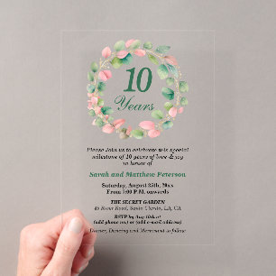Teal Gold Pink Eucalyptus 10th Wedding Anniversary Acrylic Invitations