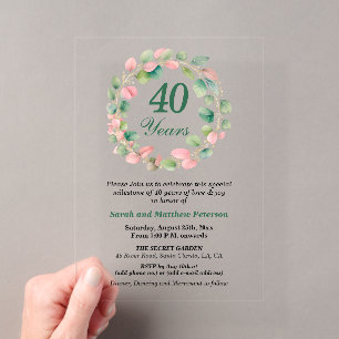 Teal Gold Pink Eucalyptus 40th Wedding Anniversary Acrylic Invitations