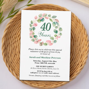 Teal Gold Pink Eucalyptus 40th Wedding Anniversary Invitation