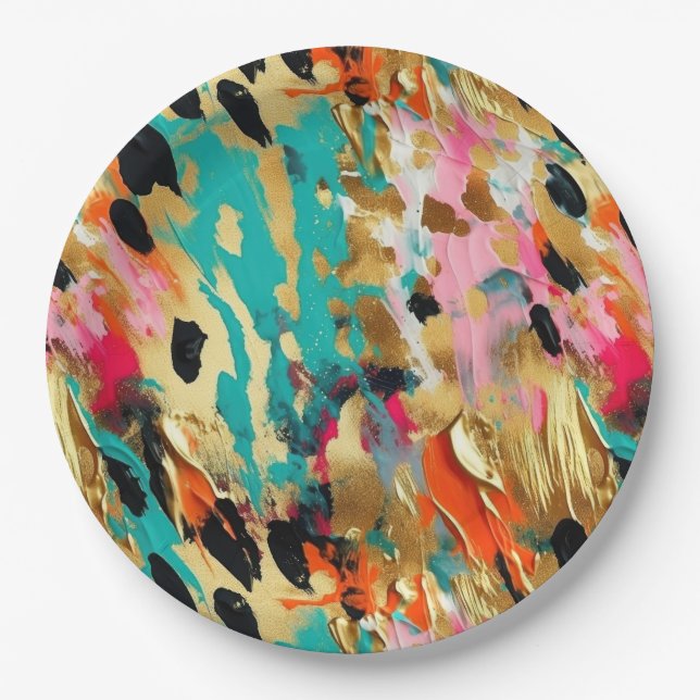 Teal gold Pink Leopard Paint Paper Plate (Front)
