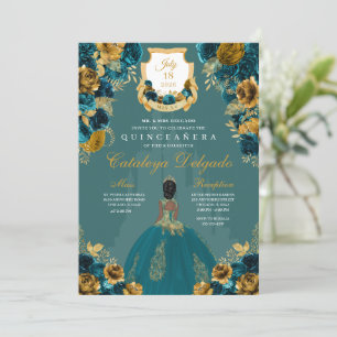 Teal & Gold Princess Castle Quinceañera Invitation