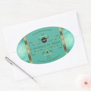 Teal Gold Product Labels Glitter Borders with Logo