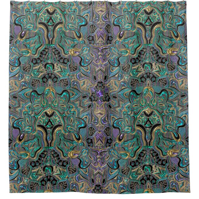 Teal Gold Purple Black Mandala Shower Curtain (Front)