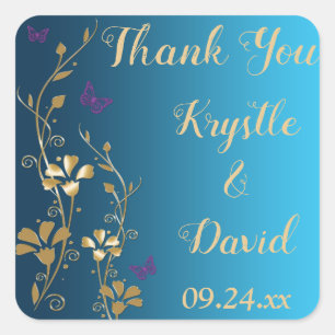 Teal, Gold, Purple Floral, Butterfly Favour Sticke Square Sticker
