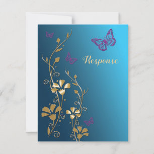 Teal, Gold, Purple Flowers and Butterflies RSVP Card