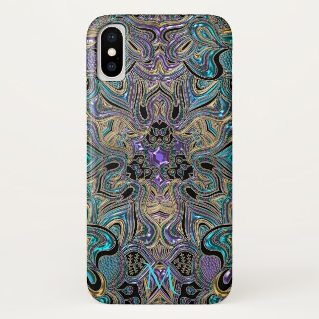 Teal Gold Purple Mandala Monogram iPhone X Case (Back)