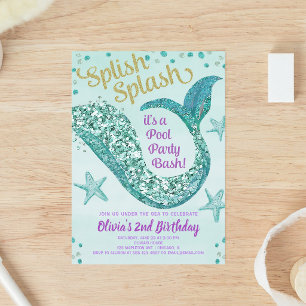 Teal Gold Purple Mermaid Pool Party Birthday Invitation