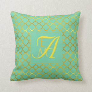 Teal Gold Quatrefoil MONOGRAM Newlyweds Wedding Cushion