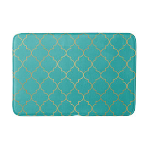 Teal & Gold Quatrefoil Pattern Bath Mat