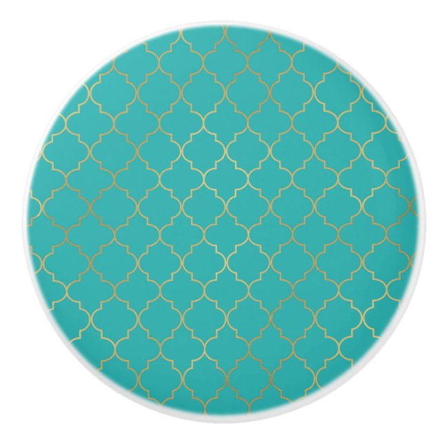 Teal & Gold Quatrefoil Pattern Ceramic Knob (Front)