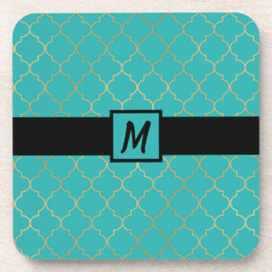 Teal & Gold Quatrefoil Pattern Coaster