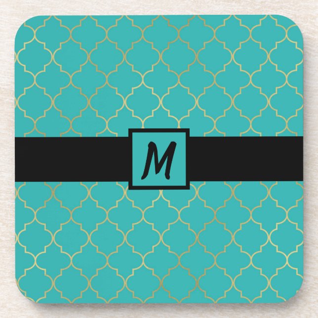 Teal & Gold Quatrefoil Pattern Coaster (Front)