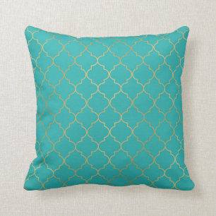 Teal & Gold Quatrefoil Pattern Cushion