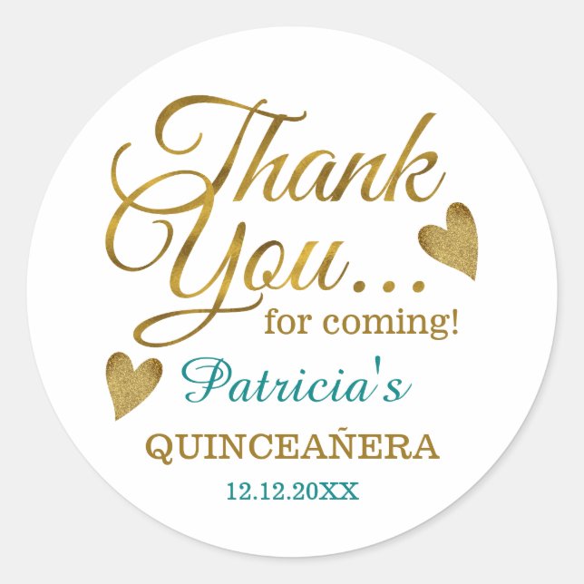 Teal Gold Quinceañera 15th Birthday Party Favours Classic Round Sticker (Front)