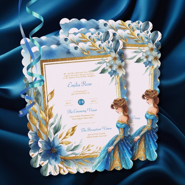 Teal Gold Quinceanera Dress Ceremony Reception     Invitation (Creator Uploaded)