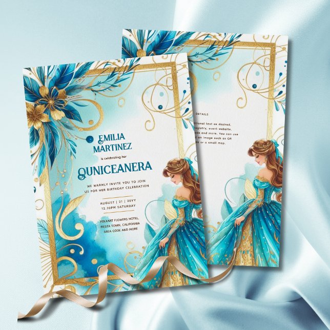 Teal Gold Quinceañera Dress  Invitation (Creator Uploaded)