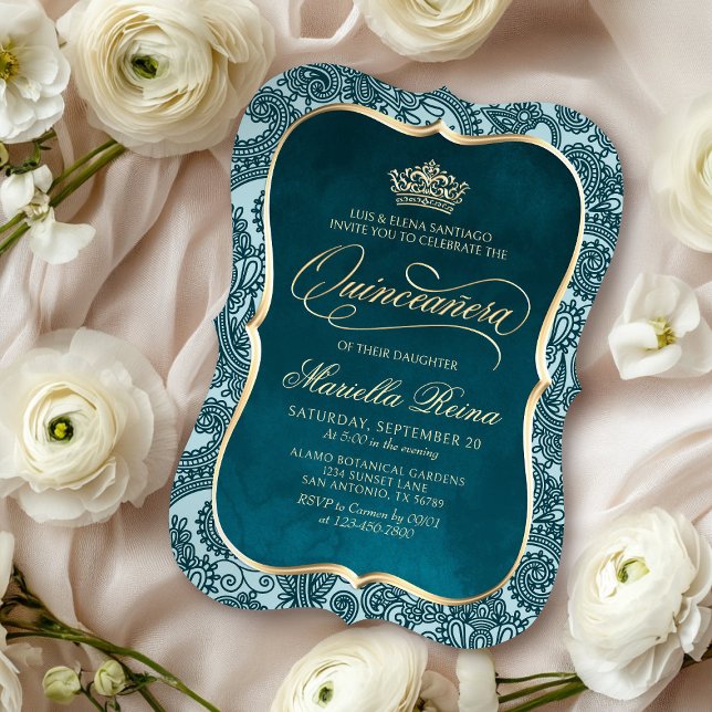 Teal Gold Quinceañera Invitation (Creator Uploaded)