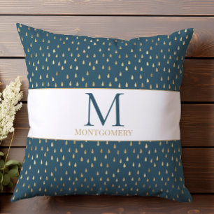 Teal Gold Raindrop Modern Trendy Monogram Cushion