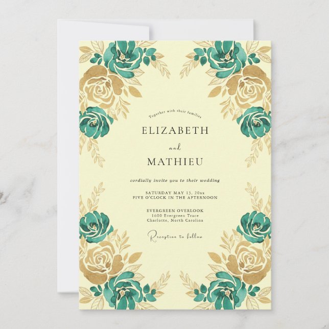 Teal Gold Ranunculus Eucalyptus Wedding Invitation (Front)