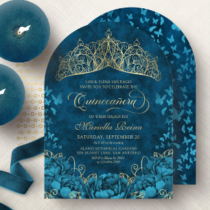 Teal Gold Royal Crown Floral Quinceanera Invitatio Invitation