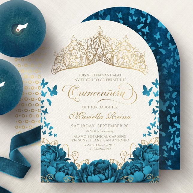 Teal Gold Royal Crown Floral Quinceanera Invitation (Creator Uploaded)