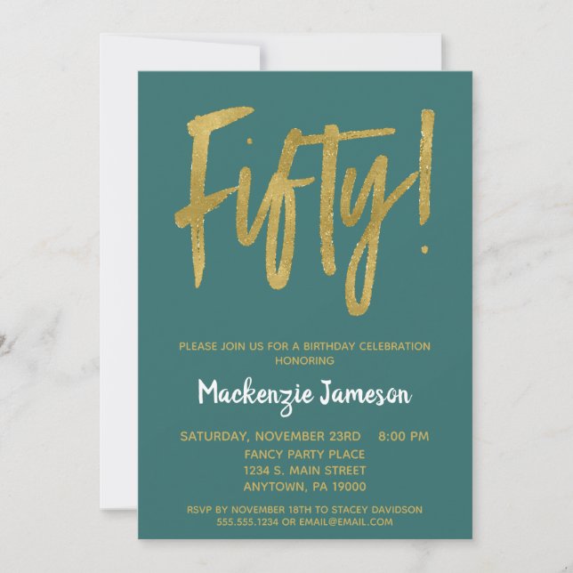 Teal Gold Script 50th Birthday Party Invitation (Front)