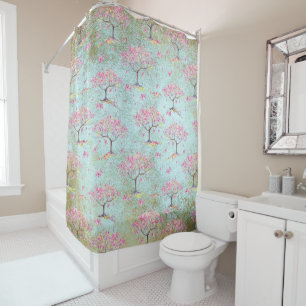 Teal Gold Shiny Cherry Blossom Spring Pattern Shower Curtain