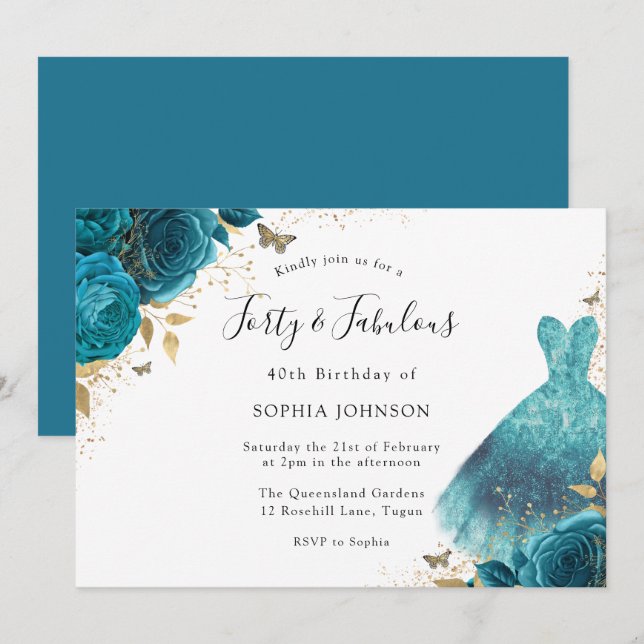 Teal & Gold Sparkle Dress Rose 40th Birthday Party Invitation (Front/Back)