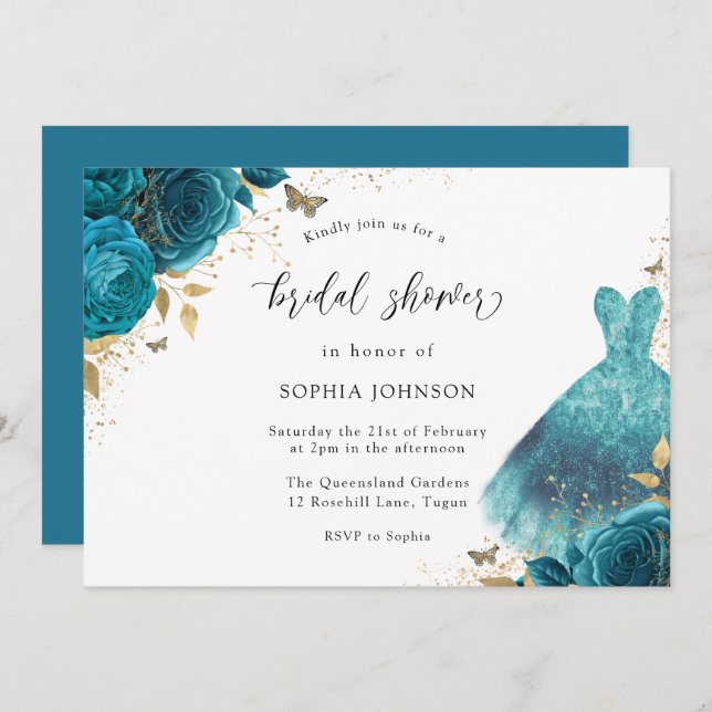 Teal & Gold Sparkle Dress Rose Bridal Shower Invitation (Front/Back)