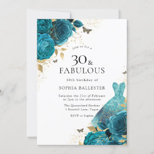 Teal Gold Sparkle Dress Roses 30th Birthday Party Invitation