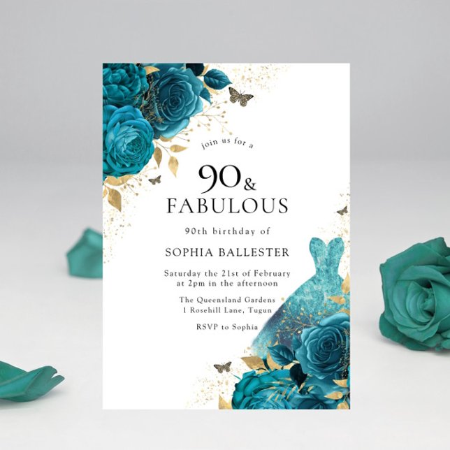 Teal Gold Sparkle Dress Roses 90th Birthday Party Invitation (Creator Uploaded)
