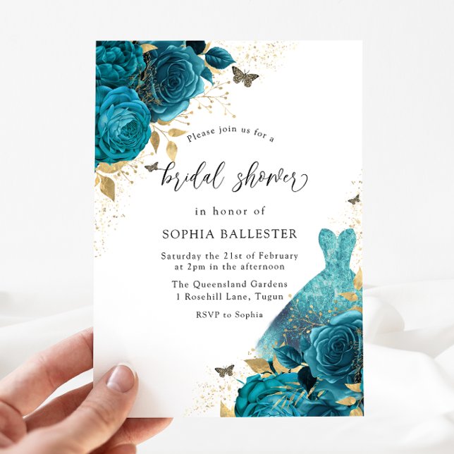Teal & Gold Sparkle Dress Roses Bridal Shower Invitation (Creator Uploaded)