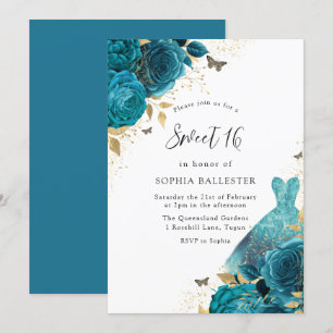 Teal & Gold Sparkle Dress Roses Sweet 16 Party Invitation