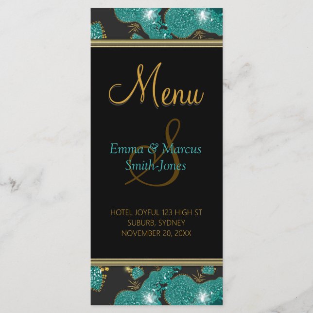 Teal Gold Sparkly Coral Beach Night Wedding Menu (Front)