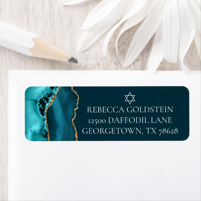 Teal Gold Star of David Jewish Return Address Label (Insitu)