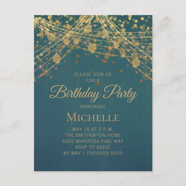 Teal Gold String Lights Any Age Women's Birthday I Postcard (Front)