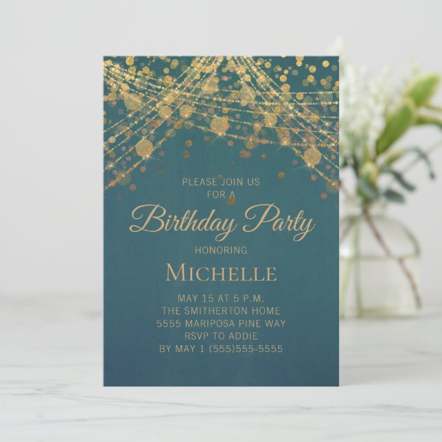 Teal Gold String Lights Any Age Women's Birthday Invitation (Standing Front)
