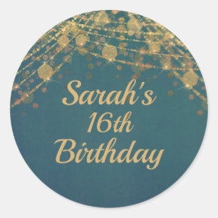 Teal Gold String Lights Bokeh Girl's16th Birthday Classic Round Sticker