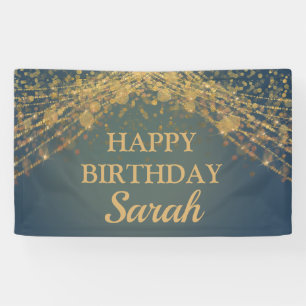 Teal Gold String Lights Bokeh Happy Birthday Name Banner