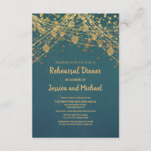 Teal Gold String Lights Bokeh Rehearsal Invitation