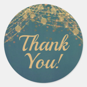 Teal Gold String Lights Bokeh Thank You Classic Round Sticker