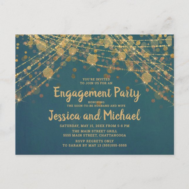 Teal Gold String Lights Engagement Party Postcard (Front)