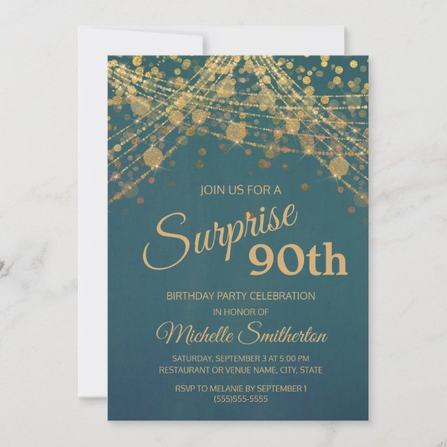 Teal Gold String Lights Surprise 90th Birthday Invitation (Front)