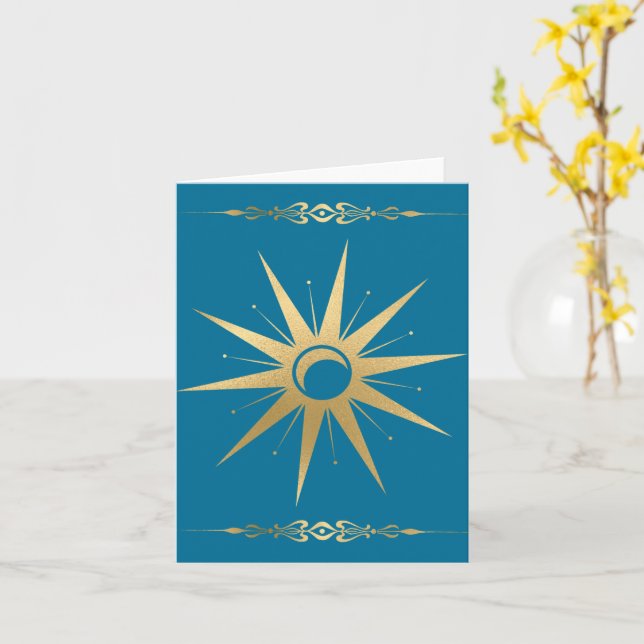 Teal Gold Sun Moon Wicca Card – Mystical Celestial (Yellow Flower)