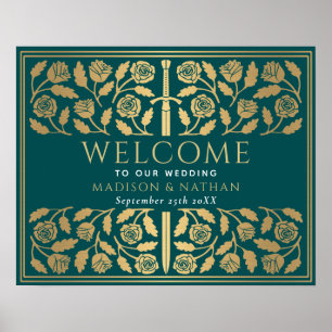 Teal Gold Sword Royal Wedding Welcome Sign