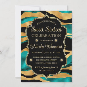 Teal Gold Tiger Stripe Glam Sweet 16 Invitation
